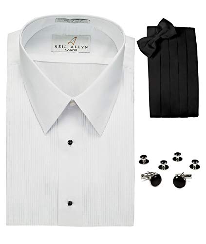 Lay-Down Collar Tuxedo Shirt, Cummerbund, Bow-Tie, Cuff Links and Studs Set White