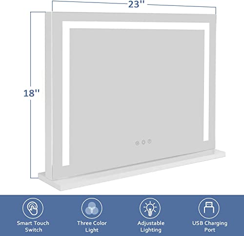 Amst Lighted Vanity Makeup Mirror With 3 Color Modes - Large Beauty Mirror With Led Backlit Light Strips & Usb Port, Tabletop/Wall Touch Control Cosmetic Mirror, Hollywood Style Mirror,23" L X 18" H #TOP6