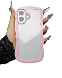Nekiyo Tech Clear Case Compatible with iPhone 16, Cute Curly Wavy Frame Shape, Shockproof Slim Protective Phone Cover for Women Girls – Pink