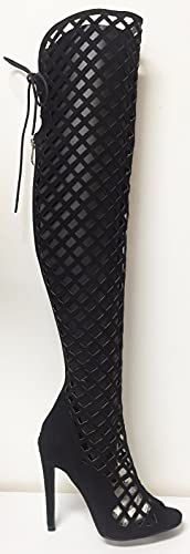 Cr Elnora Gladiator Open Toe Lace Back Full Zipper Thigh High Stiletto Heel Boot Black 7