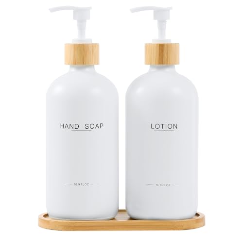 Image of Bathroom Soap Dispenser Set, Bamboo Pumps & Tray, Lotion Dispenser, and Hand Soap Dispenser Bathroom Counter Decor. (White)