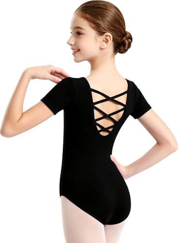 MOLLDAN Girls Dance Ballet Leotards Short Sleeve Criss Cross Straps Back(2QT5027-06-XL)