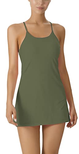 JEGGE Damen Ärmelloses Tenniskleid mit integriertem BH & Shorts Golf Workout Athletic Kleider Taschen, dunkelgrün, X-Small Cover