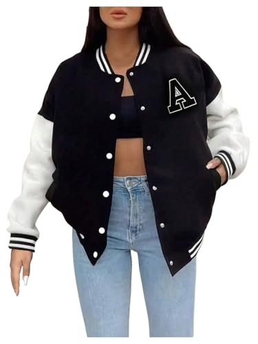 Verdusa Women's Y2k Printed Button Up Bomber Jackets Long Sleeve Varsity Jacket Outerwear with Pockets