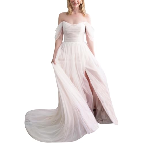 WIOJEIGO Women's Long A-Line Wedding Prom Dress for Bride 2023 Tulle Off Shoulder with Train Bridal Gowns
