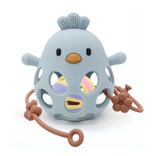 Marie Madeleine Pollito Sonajero y Mordedor bebé, Libre de BPA y tóxicos, Mordedor refrigerante bebe fácil de agarrar, Sonajeros bebe 0-3meses blanditos, Juguetes bebes 6-12 meses (Azul Bolita Correa)