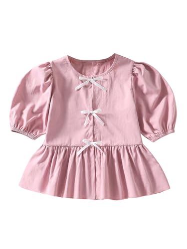 SweatyRocks Girl's Cute Bow Puff Half Sleeve Blouse Crew Neck Ruffle Peplum Tops