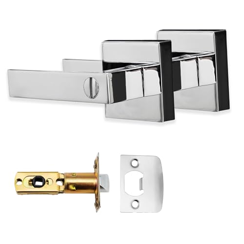 XFORT Quad Privacy Knob Set Polished Chrome, Keyless Door Knob with Lock for Internal Wooden Bathroom Doors, Complete Set with Tubular Latch