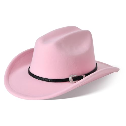 Image of Willheoy Kids Cowboy Hat for Girls Boys Western Cowgirl Hat with Buckle Belt Unisex Wide Brim Fedora Hat Dress Up Costume