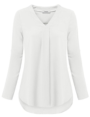 Youtalia Womens 3/4 Cuffed Sleeve Chiffon Printed V Neck Casual Blouse Shirt Tops (Medium, White) #TOP4