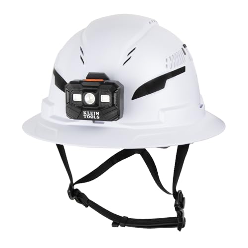 Klein Tools 60407T2RL Type 2 Hard Hat, Vented Full Brim, Class C Hard Hat with Chin Strap, 6-Point Suspension with Accessory Mounts, Washable Padding, and Rechargeable Headlamp
