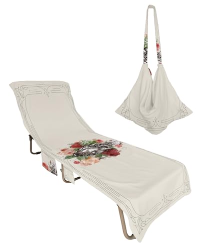 Botanical Heart Beach Lounge Chair Towel Cover, Soft Chaise Lounge Towel with Side Pockets Patio Pool Chairs Cover for Beach/Pool Sunbathing 29x85 Vintage Spring Floral Red Pink Green Plants