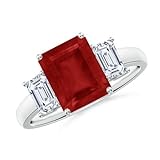Anillo de plata de ley 925 con corte esmeralda de 3 quilates y rubí rojo para mujer, anillo de boda de tres piedras, regalo para ella, chapado en oro blanco, 9