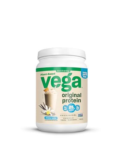 Vega Original Protein Powder, Creamy Vanilla Plant Based Protein Drink Mix for Water, Milk and Smoothies, 16 oz (Packaging May Vary)