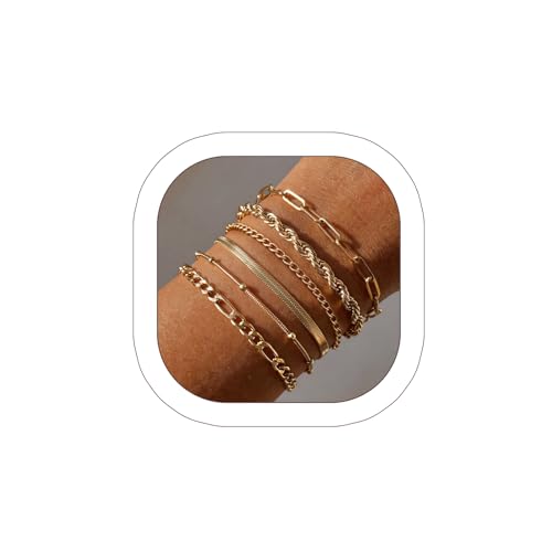 Image of 6 Pcs Gold Bracelet for Women, 14K Gold Plated Layered Gold Bracelet Stack Set Dainty Cuban Link Paperclip Snake Chain Figaro Satellite Adjustable Bracelets Fashion Gold Jewellery for Women Gift (6)