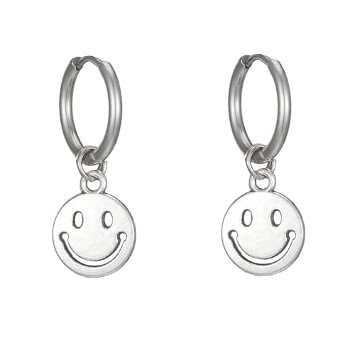 Round Smiley Coin Dangle Drop Small Hoop Earrings for Women Girls Men Stainless Steel Cute Charms Circle Happy Face Disc Vintage Huggie Hoops Cartilage Cuff Clip Earring Hypoallergenic Nickel Free Jewelry
