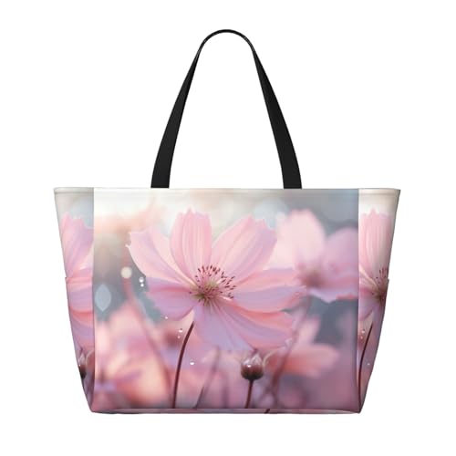Pink Flower Print Large Capacity Foldable Washable Zipper Beach Travel Tote Bag ShoppingBag2