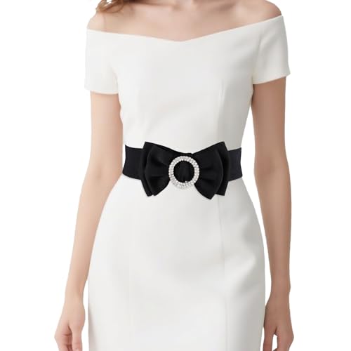 Women's Circle Rhinestone Elastic Bow Belt Wide Stretch Belts Ladies Waist Accessories for Dress