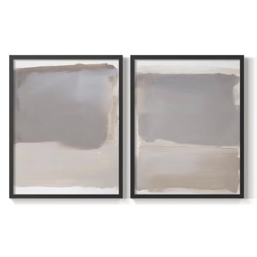 Renditions Gallery Set of 2 Peel & Stick Framed Prints, Abstract Wall Art, Layered Neutral Tones Wall Decor, Re-Stickable - Ready to Hang - 16"x20" - Black Frame LT608