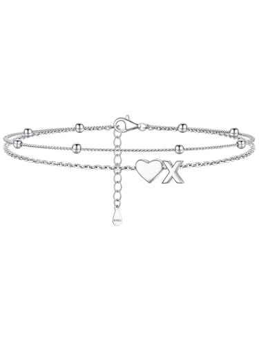 Image of PROSILVER Ankle Bracelets for Women S925 Sterling Silver Anklets for Women Waterproof, Dainty Layered Heart Anklet, Beach Initial Anklet for Summer, Letter A-Z
