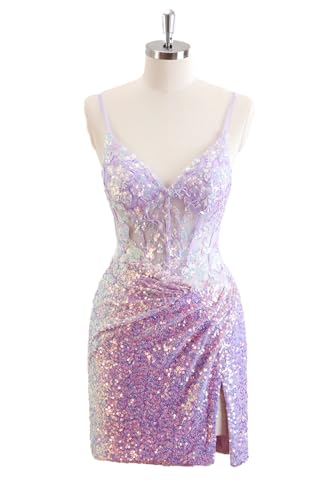 Sparkly Sequin Homecoming Dresses for Teens 2025 V Neck Short Prom Dress Glitter Applique Cocktail Party Dresses SN0104