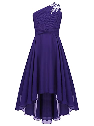 IEFIEL Robe de Mariage d'honneur Enfant Fille Une Épaule Robe de Princesse Cérémonie Plissée Robes Bustier Soirée Cocktail A Volante Dos Nu Violet 13-14 Ans