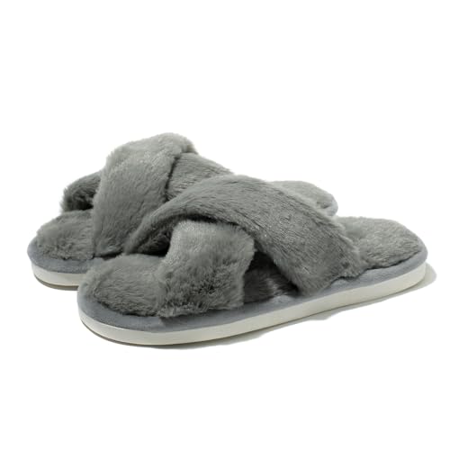 Eipzmra Fuzzy House Slippers for Women Furry Memory Foam Women's Cross Band Slippers Cozy Fluffy Open Toe Slipper Soft Plush Shoes for Indoor Outdoor Grey Slipper 11.5-13 Size