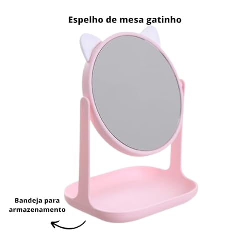 Espelho Giratorio Redondo Gatinho de Mesa Maquiagem SkinCare Com Bandeja Para Porta Objetos Acessori