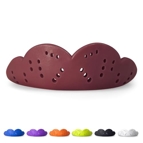 SISU Max Protector bucal, Mighty Maroon, 2,4 mm de grosor, ajuste moldeado a medida, diseño delgado, remodelable hasta 20 veces, para deportes de impacto, no tóxico, funciona con aparatos ortopédicos