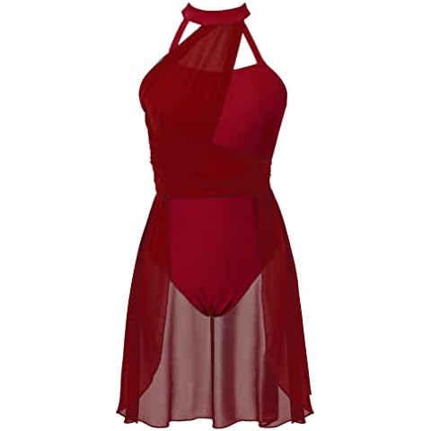 FEESHOW Lyrical Women Adults Sleeveless Mesh Color Block Leotard Dress Modern Contemporary Dance Costume Halter Neck Burgundy Small Cover