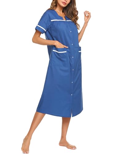 Image of Ekouaer Womens Snap Front Dusters Cotton Housecoat Short Sleeve Nightgown House Dress With Pockets