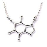 Pewter Caffeine Molecule Cast Necklace Gift packaged in a glass topped box with informational card