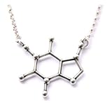 Pewter Caffeine Molecule Cast Necklace Gift Packaged in a Glass Topped Box with informational Card