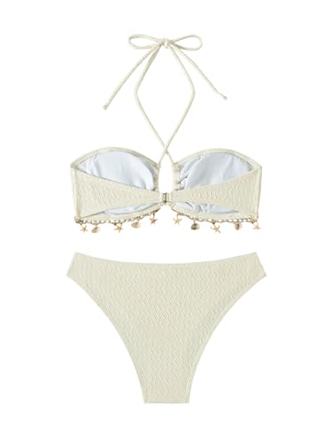 SweatyRocks Women's 2 Piece Halter Bikini Set Shell Textured Cheeky Solid Summer Beach Swimwear Bathing Suit2