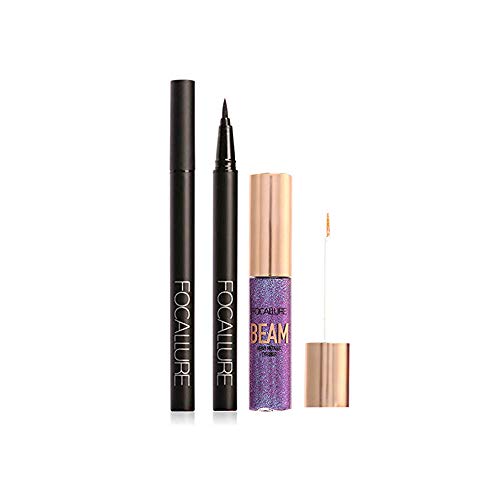 FOCALLURE 2PCS Glitter and Black Liquid Eyeliner, Long Lasting Waterproof Sparkling Eyeliner Waterproof Shimmer High Pigmented Silver Gold Metallic Colorful Eyeliners Eye Shadow Pen