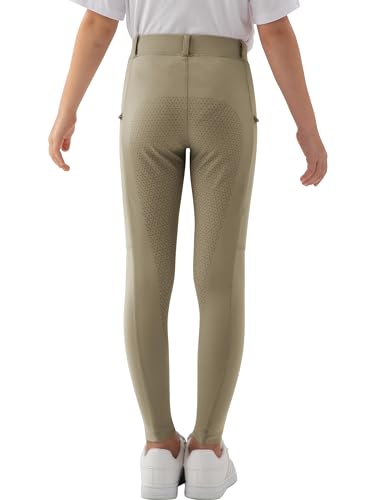 MoFiz Kinder Reithose Mädchen Vollbesatz mit Silikon Kinder Reitleggings mit Reißverschlusstasche Khaki 158-164