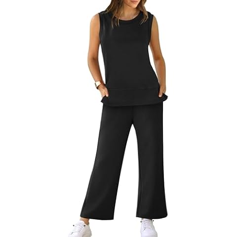 XIEERDUO Two Piece Outfits for Women Summer Fashion Travel Lounge Set Sleeveless Tracksuit Wide Leg Loungewear Women's Spring Airport Jumpsuit Black L Cover