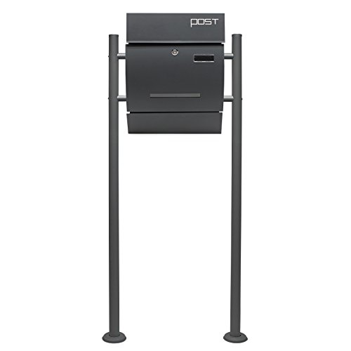 Wiltec Set Designer Briefkasten V4 Anthrazit 350 x 95 x 445 mm mit Ständer, Wandbriefkasten mit Schloss, Sichtschlitz, Namensschild und Zeitungsrolle, Postkasten aus pulverbeschichtetem Stahl