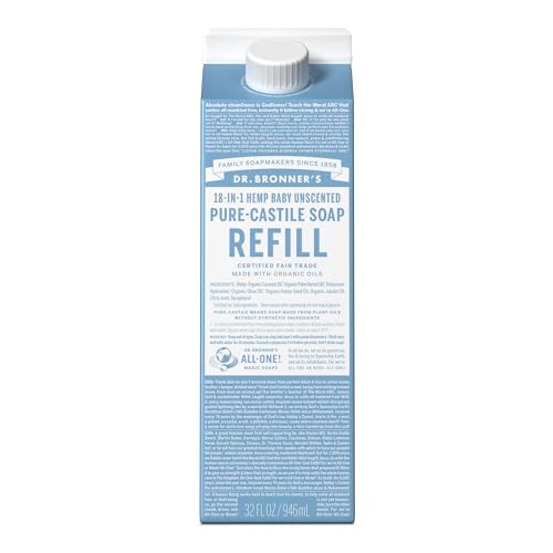 Dr. Bronner's Pure-Castile Liquid Soap Refill - Made with Regenerative Organic Certified Oils, 86% Less Plastic - 18-in-1 Uses, For Face, Body Wash, Hand Soap Refill & More - Baby Unscented, 32oz