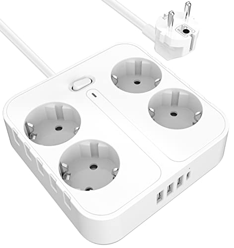 4 Fach Steckdosenleiste mit Schalter, 8-in-1 Verteilersteckdose, mit 3 USB-A und 1USB-C, 4 Schuco Steckdosen, Wandmontage Steckdosenleiste 5 cm Kable, 4000W, 250V, für Zuhause, Büro Cover