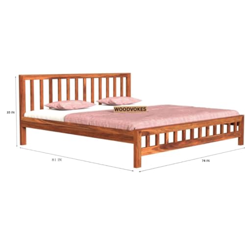 Image of Sheesham Wood Bed Without Storage Solid Wooden Cot Double Bed for Bedroom Living Room Home (Natural, King)