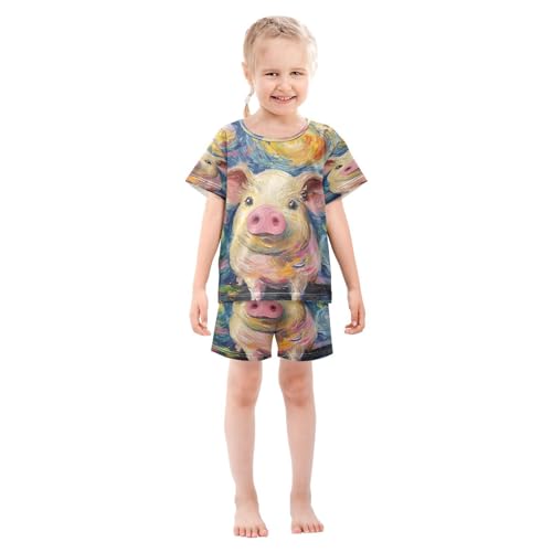 ALAZA Starry Sky Pig Van Gogh Pajamas Set Short Sleeve Cotton Sleepwear Summer Pjs 2 Piece 5-14Y3