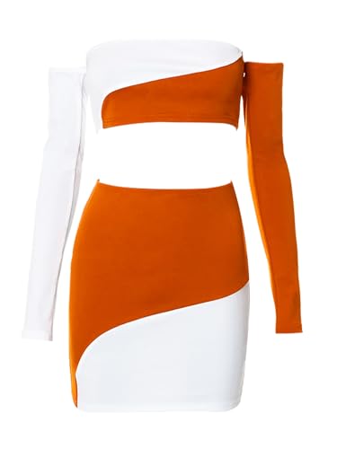 Two Piece Sets for Women Skirt Sexy Summer Tube Top Y2K Going Out Set Two Tone T-Shirt Off Shoulder Crop Tops Club Mini Outfits 293 Orange White M