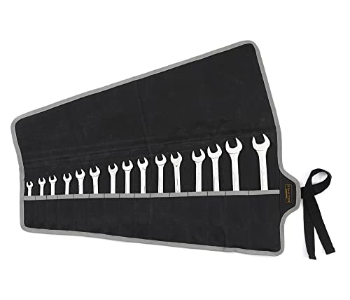Wrench Roll,Durable Waxed Canvas Wrench Set Roll Pouches 15 Pockets, Multi-Purpose Roll Up Tool Bag with Strap (26.5" X 12.5 ", Black)