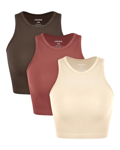 Image of ODODOS 3-Pack Seamless Crop Tank for Women Ribbed Soft High Neck Cropped Tops