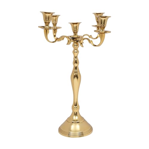 Metal Candelabra Five Arm Decorative Candlestick Holder for Weddings, Events, Dining Table Centerpiece Decoration, Halloween, Thanksgiving, Christmas, New Year & Everyday Use - 16 Inch Tall - Gold