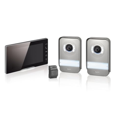 LEGRAND, EASYKIT Plus Video-Türsprechanlagen-Set mit 2-Draht-Anschluss, 2x Außenstellen & eine Innenstelle, Reiheneinbaunetzgerät, IP54-IK07, Farbe: schwarz, 368915 + 369339