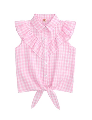 Image of Girls Sleeveless Plaid Button Down Shirt Summer Crop Tops Tie Knot Ruffle Sleeve Shirt Blouse 3-12Y