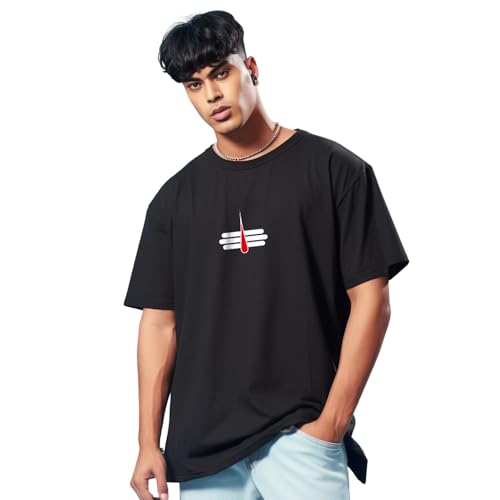 Image of prabhu bhakti Men's Oversized Lord Shiva with Tripund Printed Black T-Shirt |Back Print Drop Shoulder Pure Cotton Oversized Tshirt for Men