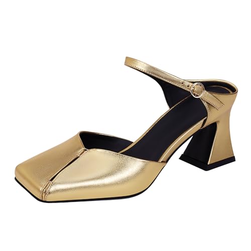 Women's Buckle Strap Square Closed Toe Slip On Block Mule Heels Comfort Dress Party Pumps